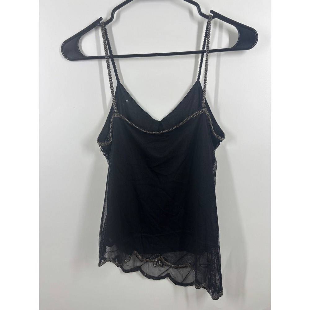 Vintage Black Mesh Sequin Butterfly Camisole Top Beaded Asymmetrical Hem M L - Picture 3 of 3